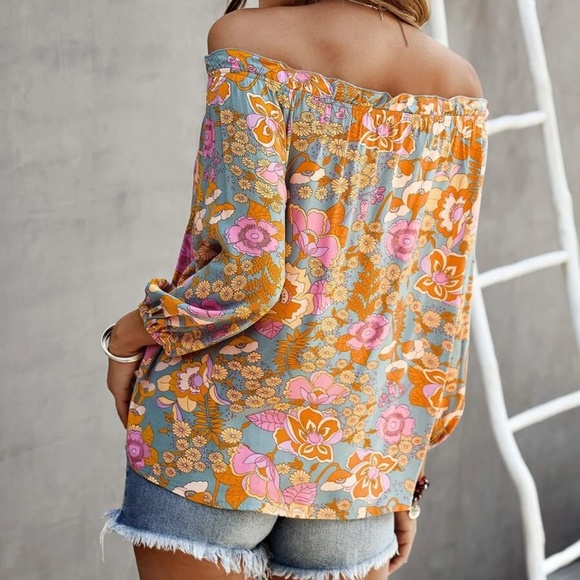 032 Boho Orange Floral Print Off Shoulder Blouse - Picture 4 of 7